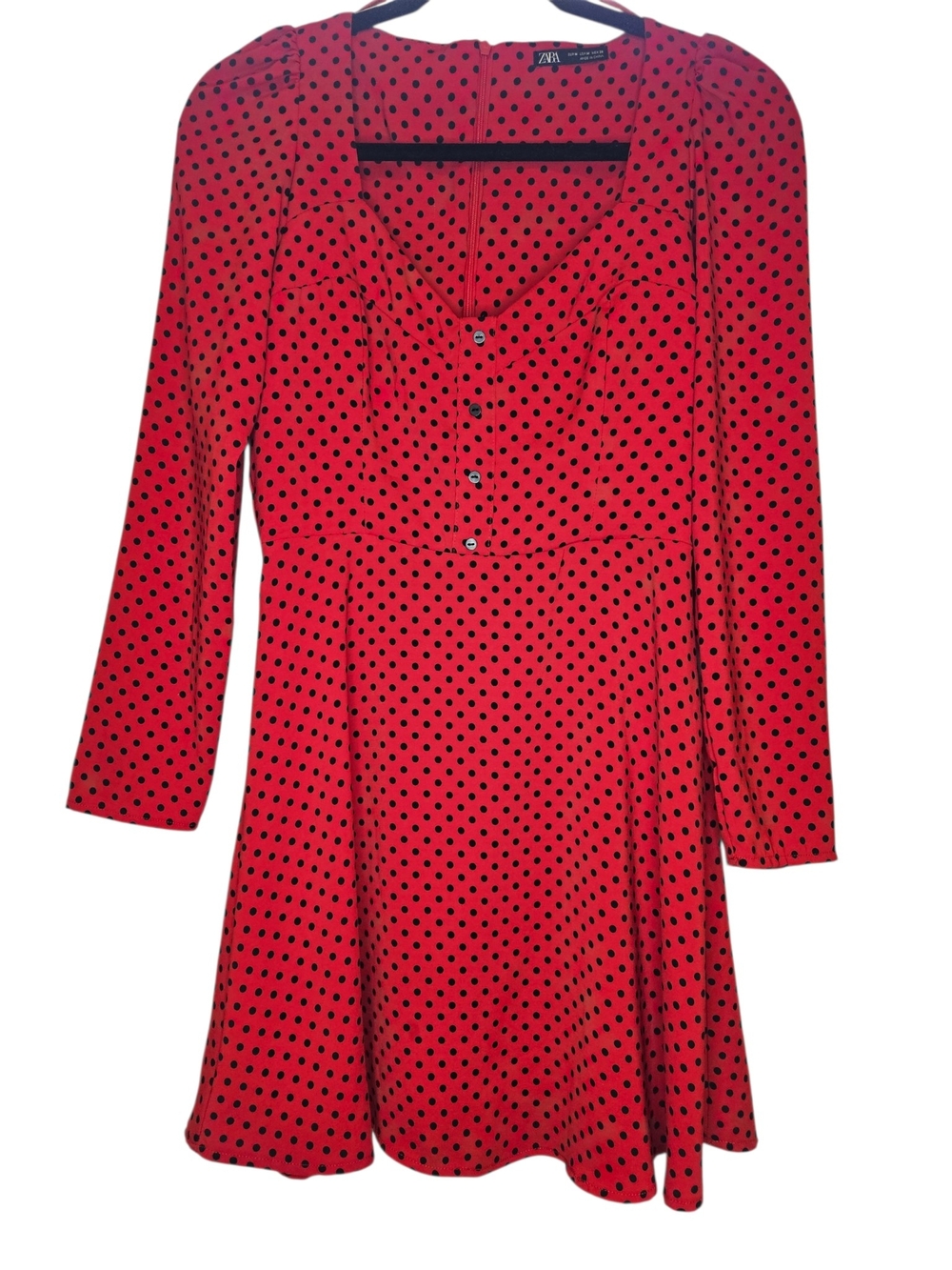 Red/Black Polka Dot V-Neck Smocked Button A-Line Short Dress M Preppy Chic